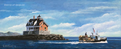 Rockland Habor lighthouse, painting by Roland Henrion