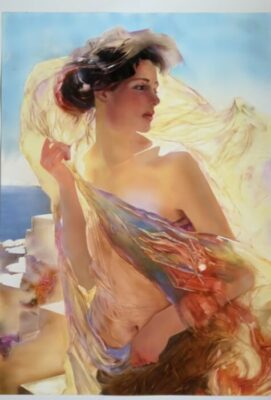 Pre-Raphaelite style of figure of woman above the Aegean Sea