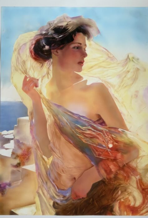 Pre-Raphaelite style of figure of woman above the Aegean Sea