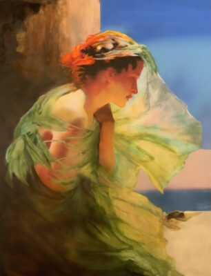 Persephone in profile overlooking a beach