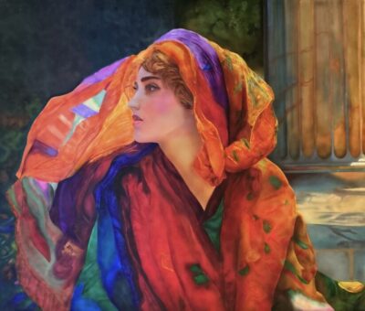 Airbrush with acrylic paint on smooth paper of Ancient Greek poet Erinna
