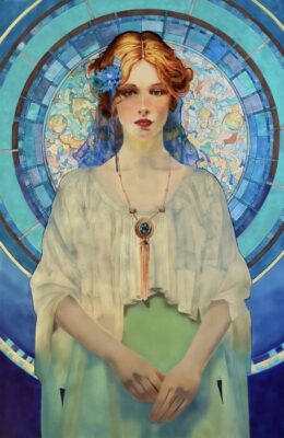 Art Nouveau figure in front of stained glass